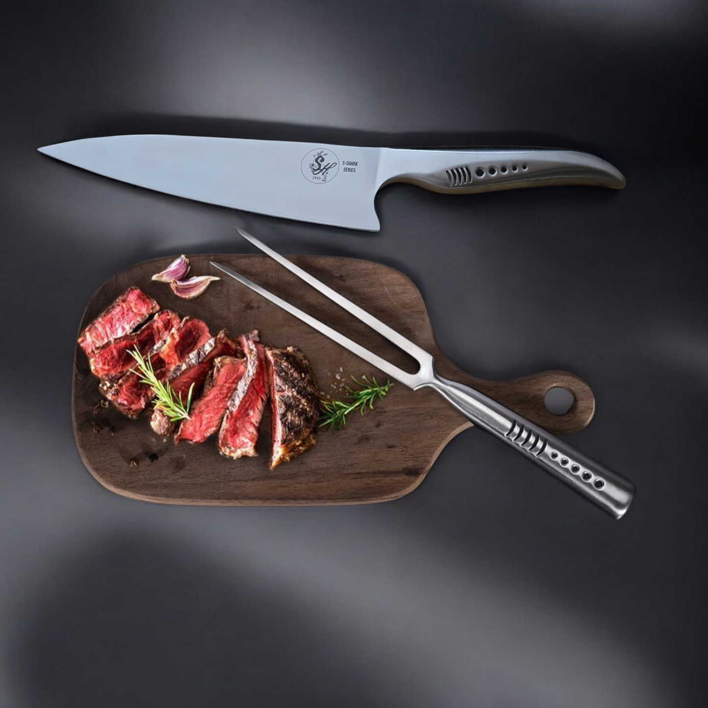 S-HubOla S-SHARK Messerset – Chefmesser 36 cm & Fleischgabel 32 Fork Tranchier Gabel