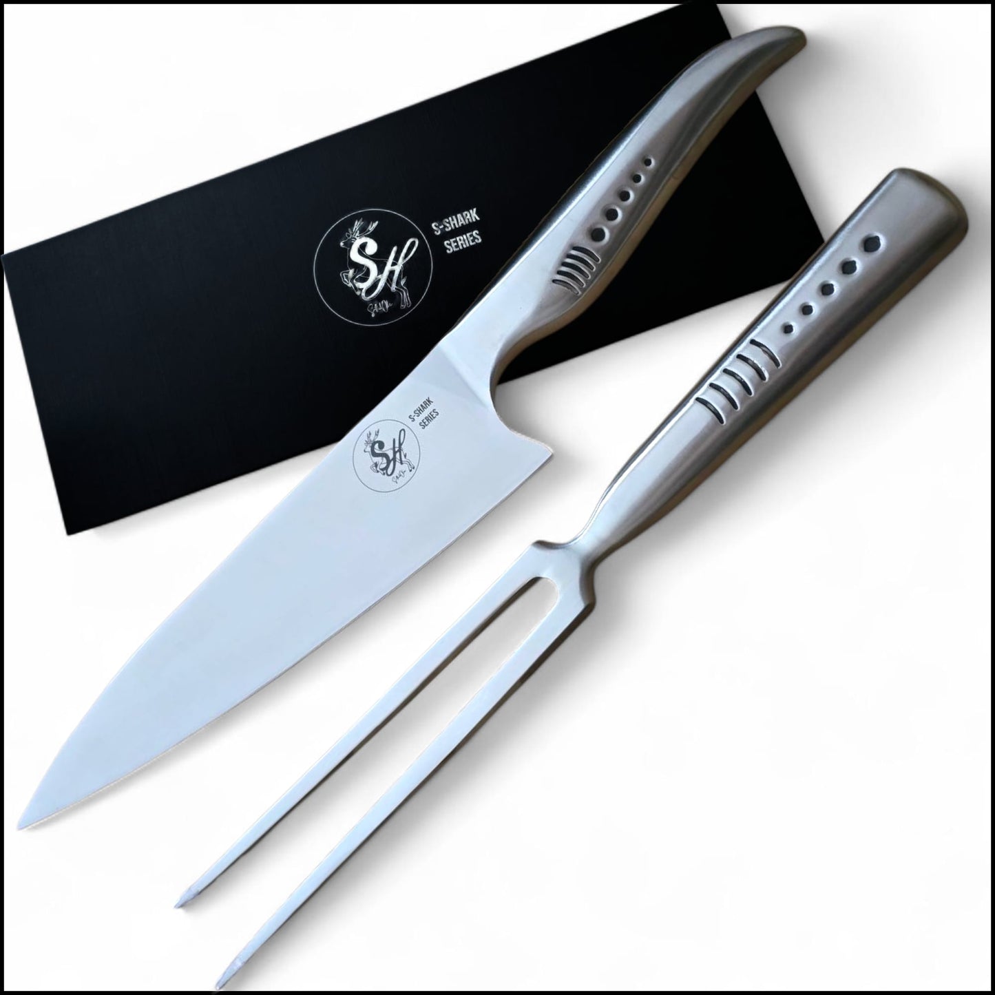 S-HubOla S-SHARK Messerset – Chefmesser 36 cm & Fleischgabel 32 Fork Tranchier Gabel